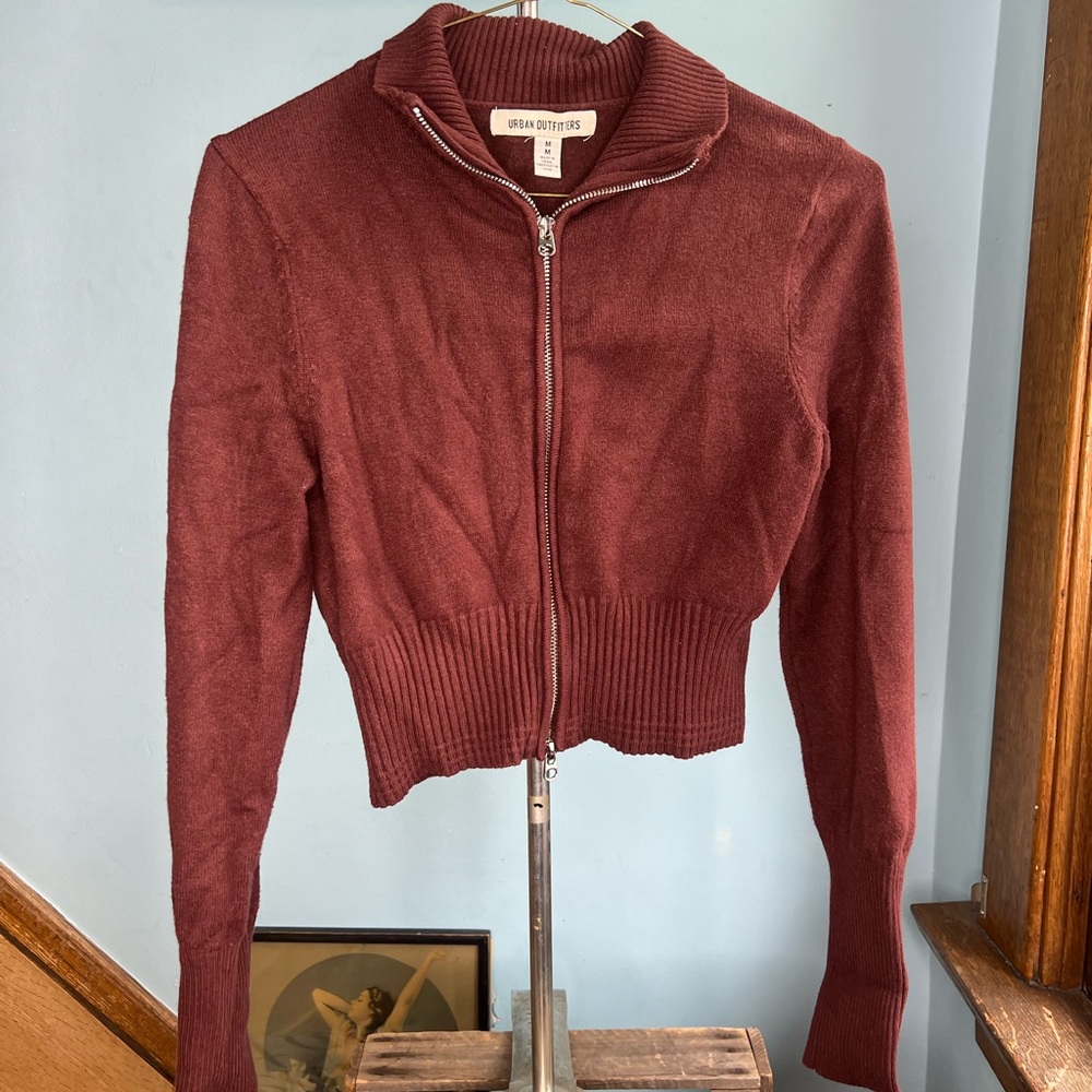 Urban Outfitters Cropped Zip-Front Sweater Jacket - Brick Red